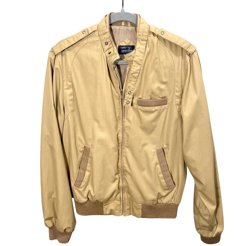 Vintage 90s Men's Zip Bomber Jacket Lightweight Tan Medium Grandpa Windbreaker